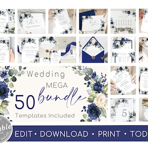 Może przedstawiać: Zestaw zaproszeń ślubnych z 50 edytowalnymi szablonami. Projekt zawiera akwarelowy wzór kwiatowy z granatowymi i kremowymi kwiatami. Tekst brzmi "Wedding Mega Bundle 50 Templates Included".