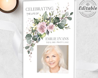 Funeral Program Template Editable Pink Funeral Memorial Printable Pink Roses Order Of Service Celebration Of Life INSTANT DOWNLOAD F-CARMEN