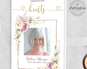 Pink Roses Funeral Program Template, Obituary, Memorial (Digital Download)