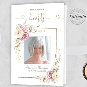 Funeral Program Template for Women, Obituary Template, In Loving Memory Memorial Program, Celebration of Life, Pink Roses, F-Sylvia