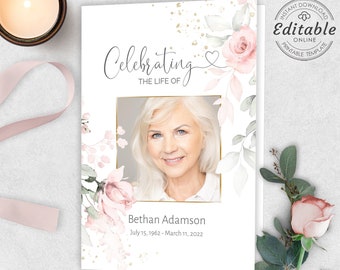 Pink Roses Funeral Program Template, Editable Memorial (Instant Download)