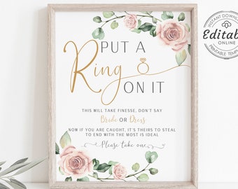 Put a Ring On It Sign Template, Dont Say Bride Wedding Game Printable, Pink Floral Wedding, Bridal Shower Bachelorette Hen Party, W-CARMEN