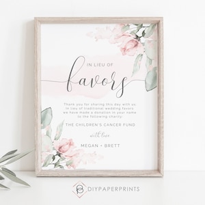 In Lieu Of Favors Sign, Instead Of Favors Wedding Sign, Printable Donation Sign, DIY Pink Floral Editable Charity Card- W-IZZY