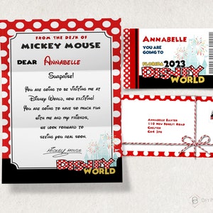 Carta de Revelação Editável Viagem de Férias DWorld e Dland Mickey Carta Surpresa Flórida Califórnia Revelação Presente Surpresa Ingresso para o Tour Destino