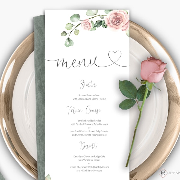 Wedding Menu Card Template, Blush Pink Wedding Menu, Bridal Shower Brunch Dinner, Printable Editable Download, Romantic Wedding, CARMEN