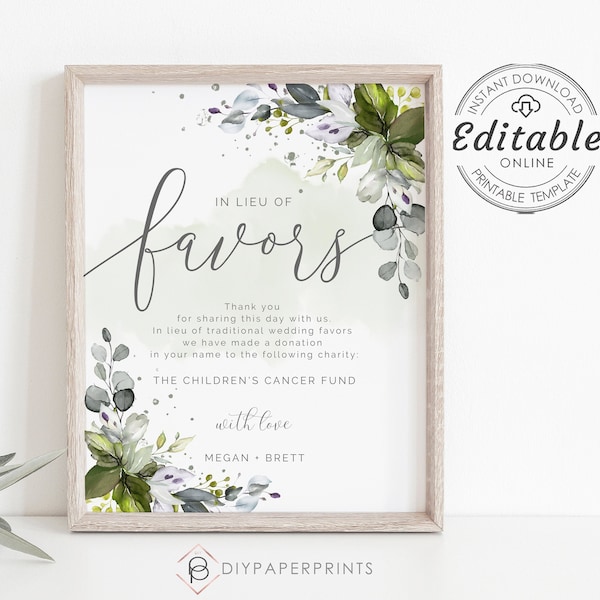 In Lieu Of Favors Sign, Instead Of Favors Wedding Sign, Printable Donation Sign, DIY Eucalyptus Greenery Editable Charity Card- W-ALEX