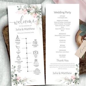 May include: A wedding invitation with a watercolor floral design and a timeline of events for the wedding day. The invitation includes the names Julia & Matthew and the date 18.09.2020. The wedding will be held at Clenskirly Castle.