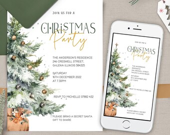 May include: A digital and printed Christmas party invitation featuring a watercolour illustration of a decorated Christmas tree. The invitation includes the text "Join us for a Christmas Party", the date and time of the party, and the address of the event. RSVP information is also included.
