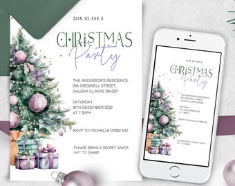 Może przedstawiać: Zaproszenie na świąteczne przyjęcie z akwarelową ilustracją ozdobionej choinki i prezentów. Zaproszenie zawiera tekst "Join us for a Christmas Party" oraz szczegóły dotyczące wydarzenia, w tym datę, godzinę i miejsce. RSVP do Michelle 07882 432. Proszę przynieść prezent od Mikołaja do wspólnego dzielenia się.