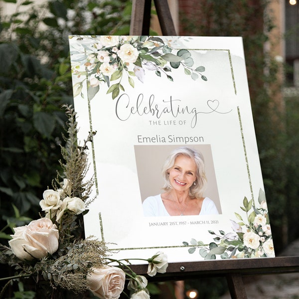 Editable Funeral Welcome Sign - Celebration of Life Decoration, Large Funeral Sign, Memorial Sign, Funeral Décor, Greenery Sign, F-BETH