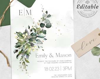Greenery Wedding Invitation Template, Boho Watercolor Eucalyptus Wedding Invite, Bohemian Wedding Template, Instant Download Editable W-ALEX