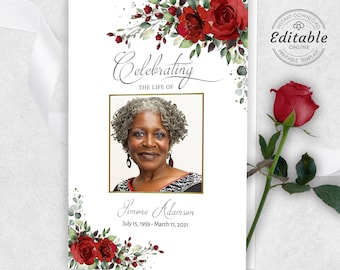 Editable Funeral Program Template, Memorial Service Template, Red Roses Memorial Program, Order Of Service, Obituary Program-BIRNIE