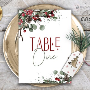 Christmas Table Numbers, Holiday Table Numbers, Table Numbers, Table Name Card Template Printable Editable Table Card INSTANT DOWNLOAD-BERRY