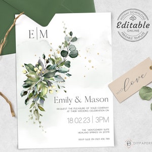 Greenery Wedding Invitation Template, Boho Watercolor Eucalyptus Wedding Invite, Bohemian Wedding Template, Instant Download Editable W-ALEX