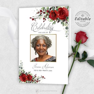 Editable Funeral Program Template, Memorial Service Template, Red Roses Memorial Program, Order Of Service, Obituary Program-BIRNIE