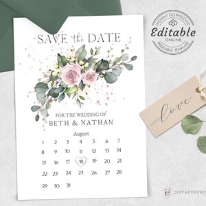 Calendar Save the Date Fully editable template Printable Personalized Instant Download Pink Wedding Save the Date Card, CARMEN