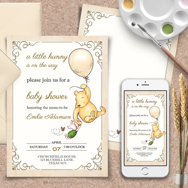 Classic Winnie Pooh Boy Baby Shower Invitation Any Gender Baby Shower invitation Vintage Pooh with Balloon Instant Download Printable