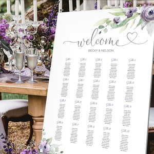 paarse trouwtafel plan, paarse bruiloft zitplaatsen kaart sjabloon, bewerkbaar, afdrukbare zitplaatsen teken, INSTANT DOWNLOAD, SUZY