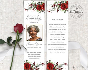 Editable Funeral Bookmark Template, Printable Funeral Bookmark, Red Floral Memorial Bookmark, Bookmark Memorial Keepsake, F-BIRNIE