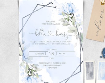 Blue Wedding Invitation, Watercolor Wedding Invite Template, Pale Blue and Silver Invitation Template, Instant download, W-IZZY BL