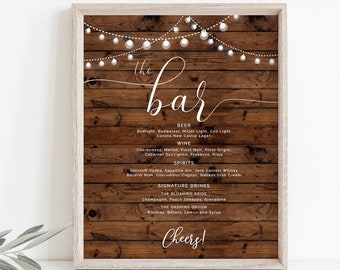 Country Wedding Bar Menu Sign, Rustic Bar Sign Template, Printable Bar Menu Sign, 5" x 7" and 8" x 10" Templates, Editable Bar Sign, W-BETSY