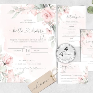 Wedding Invitation Template Suite, Blush Pink 4 Piece Wedding Invitation Set, Instant download, Editable, Printable wedding invite, W-IZZY