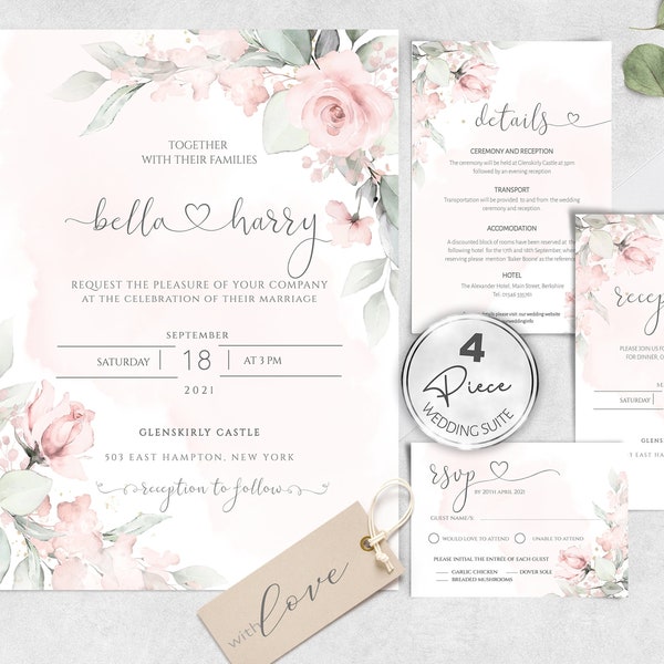 Wedding Invitation Template Suite, Blush Pink 4 Piece Wedding Invitation Set, Instant download, Editable, Printable wedding invite, W-IZZY