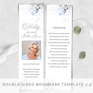 Funeral Bookmark Template, Editable, Printable Funeral Bookmark, Blue Floral Memorial Bookmark, Memorial Keepsake, F-IZZY-BL