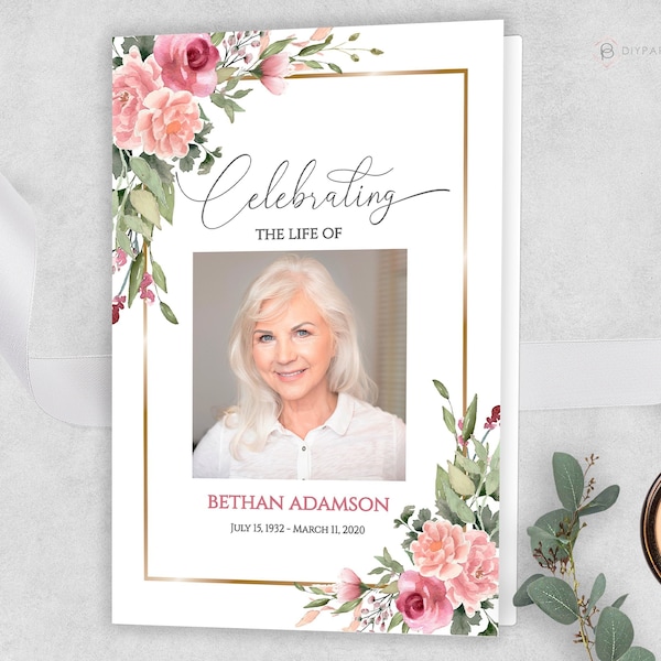 Funeral Program Template Editable Pink Funeral Memorial Printable Pink Roses Order Of Service Celebration Of Life INSTANT DOWNLOAD F-MILLIE