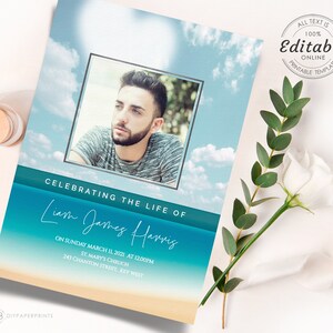 May include: A blue and white beach-themed memorial card with a photo of a man with a beard. The text reads "Celebrating the life of Liam James Harris" and includes the date and time of the memorial service. The card is editable and printable.