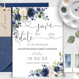 Wedding Save the Date Template, Navy Blue Save the Date Card, Printable Instant Download template, Editable Digital Template Blue - W-NADINE