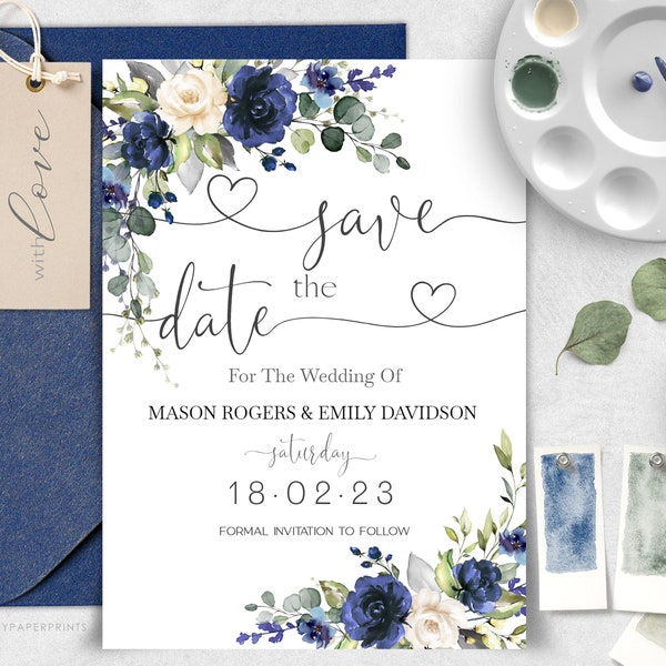 Wedding Save the Date Template, Navy Blue Save the Date Card, Printable Instant Download template, Editable Digital Template Blue - NADINE