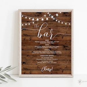 Segno del menu del bar per matrimoni country, modello di segno del bar rustico, segno del menu del bar stampabile, modelli 5" x 7" e 8" x 10", segno del bar modificabile, W-BETSY
