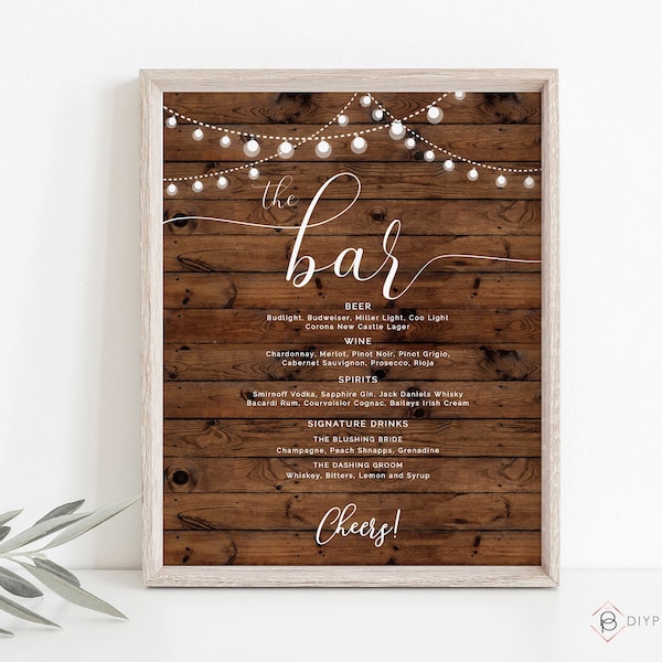 Country Wedding Bar Menu Sign, Rustic Bar Sign Template, Printable Bar Menu Sign, 5" x 7" and 8" x 10" Templates, Editable Bar Sign, W-BETSY