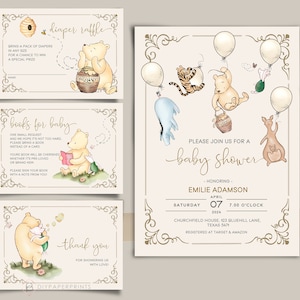 Winnie the Pooh Baby Shower Invite Classic Winnie Pooh Vintage Invite Set Gender Neutral Themed Baby Shower Digital Editable Template WPV