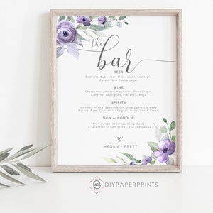 Wedding Bar Menu Sign, Purple Floral Bar Sign Template, Printable Bar Menu Sign, 5" x 7" and 8" x 10" Templates, Editable Bar Sign, W-SUZY