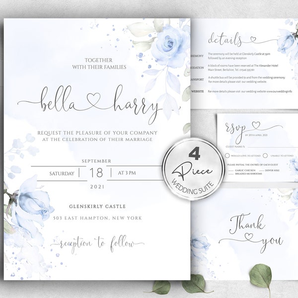 Blue Wedding Invitation Template Suite, 4 Piece Wedding Invitation Set, Instant download, Editable, Printable wedding invite, W-IZZY BL