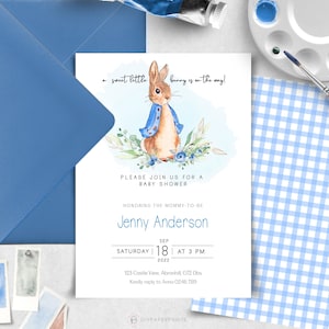 Peter Rabbit Baby Shower Invitation, Blue Editable Printable Baby Bunny Invite, It's a Boy Party, Spring Garden Party, Instant Download PRBS