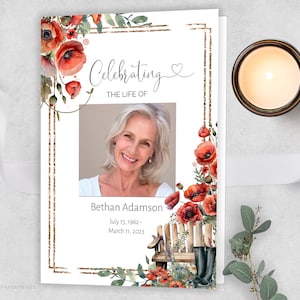 Editable Funeral Program Template, Memorial Service Template, Red Poppies Memorial Program, Order Of Service, Obituary Program-POPPY
