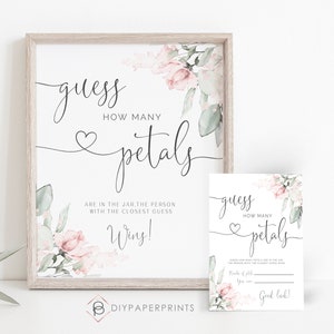 Guess How Many Petals Sign and Cards Printable, Pink Floral Bridal Shower, Wedding Bachelorette Hen Party, Instant Download, W-IZZY