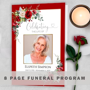 Puede incluir: Programa de funeral con flores rojas y blancas, una foto de una mujer y el texto "Celebrando la vida de Elspet Simpson 15 de julio de 1932 - 11 de noviembre de 2023 8 páginas Programa de funeral"