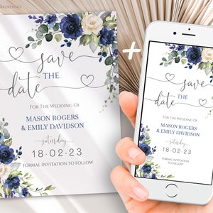 Wedding Save The Date Invite and Evite Printable Template Electronic Navy Blue Digital Instant Download Smartphone, Editable W-NADINE