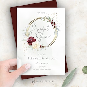 Modèle d’invitation à la douche nuptiale de Bourgogne, carte de douche de mariage florale rouge, douche nuptiale modifiable, texte 100 % modifiable, W-BIRNIE