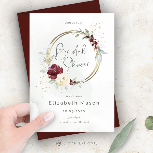 Burgundy Bridal shower Invitation template, Red Floral Wedding Shower Card, Editable Bridal Shower, 100%  Editable text, W-BIRNIE