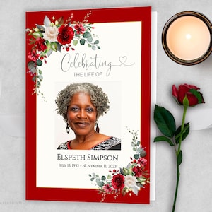 May include: A red and white floral funeral programme with a photo of a woman and the text "Celebrating the Life of Elspet Simpson July 15, 1932 - November 11, 2023"