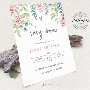 Baby shower Invitation template, 100%  Editable text, Watercolor, greenery Lush Garden, blush Pink floral, boho, PETRA