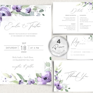 Purple Wedding Invitation, Water Color Greenery, 4 Piece Printable Editable Invitation Set, Romantic Invite, Wedding Invitation Set, W-SUZY