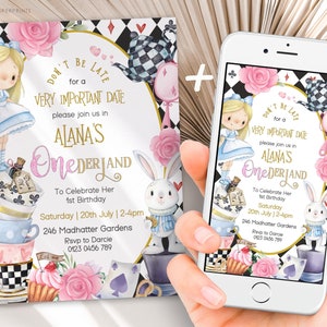 Alice in Wonderland Invite and Evite, EDITABLE Whimsical Mad Tea Party Invitation, Onederland Girl, Modern 1st Birthday Template AONE1