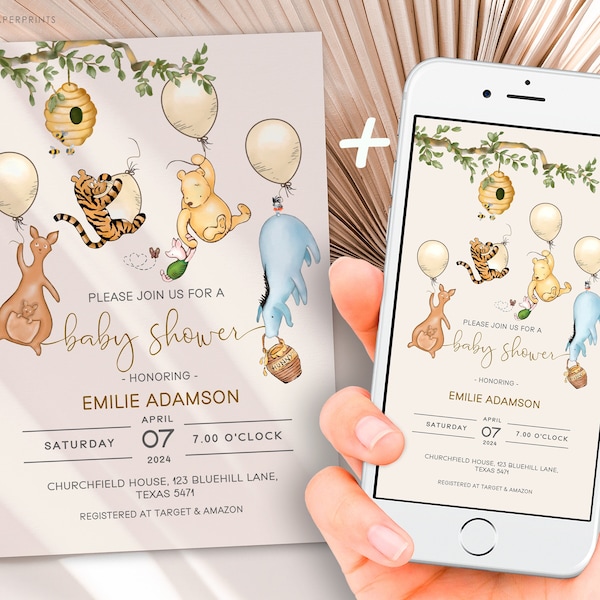 Classic Winnie the Pooh Baby Shower Invite & Evite Vintage Pooh Gender Neutral Themed Baby Sprinkle Editable Digital Instant Download WP4