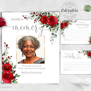 Funeral Share a Memory Card Template Red Roses Funeral Memorial Printable Editable Funeral Words of Comfort INSTANT DOWNLOAD F-BIRNIE